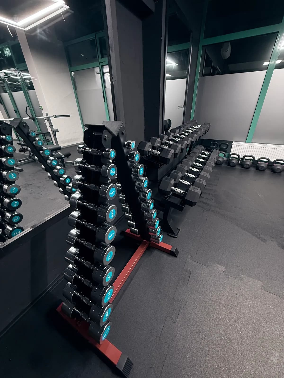 Stojany s jednoručkami pri zrkadle v Limitless Gym
